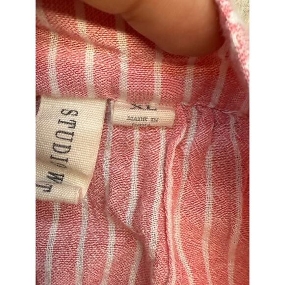 Women STUDIO WEST Pink White Striped Short Sleeve Linen Cotton Blend Top Size XL - Picture 6 of 7